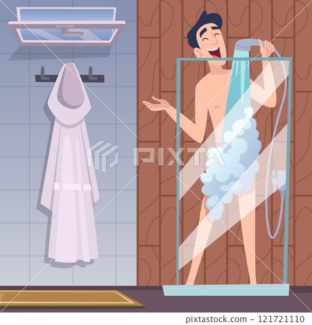 man taking shower. people singers in bathing room. cartoon background 121721110
