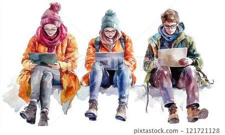 Watercolor illustration of three young people sitting and using devices 121721128