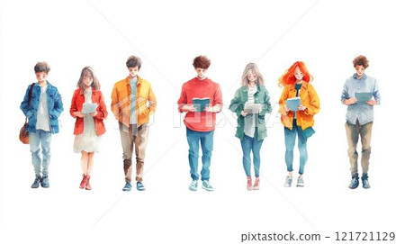 Colorful full-body watercolor illustration of young men and women 121721129