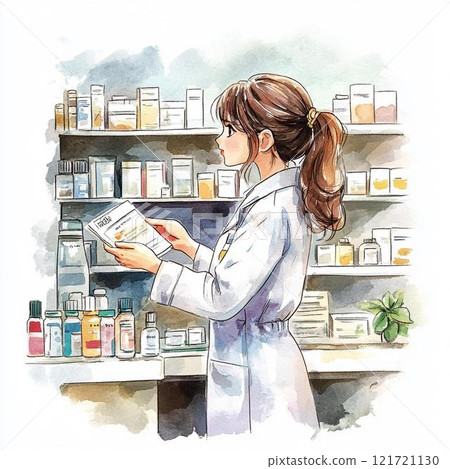 Watercolor illustration of a woman in a pharmacy 121721130