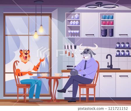 animals talking. tiger and bull with human body sitting at tables on kitchen interior ant talking animals talking. tiger and bull with human body sitting at tables on kitchen interior ant talking 121721152
