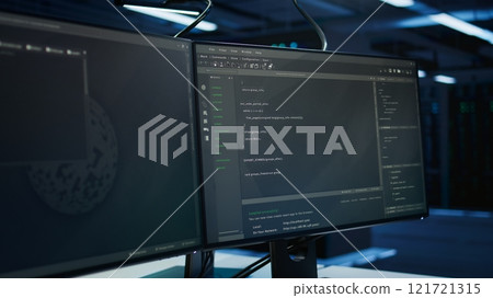 High tech data center with networking systems installed used for managing rackmounts gear. Close up of code running on computers in modern server room used for overseeing equipment, panning shot High tech data center with networking systems installed used for managing rackmounts gear. Close up of code running on computers in modern server room used for overseeing equipment, panning shot 121721315