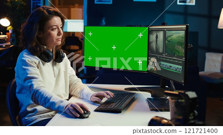 Video editor analyzing film montage on isolated screen display, editing color grading in office. Post production studio employee working with raw footage on chroma key PC, camera B Video editor analyzing film montage on isolated screen display, editing color grading in office. Post production studio employee working with raw footage on chroma key PC, camera B 121721400