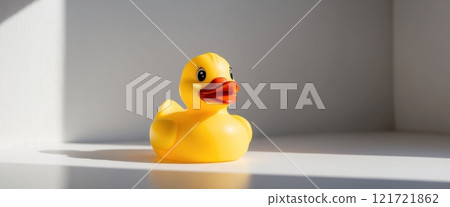 A rubber duck on a gray minimalist background, creating a stylish and sleek look. 121721862