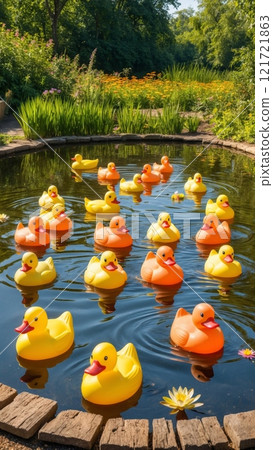 A pond with real ducks swimming alongside oversized rubber duckies, blending the playful charm of toys with the serenity of nature. A pond with real ducks swimming alongside oversized rubber duckies, blending the playful charm of toys with the serenity of nature. 121721863
