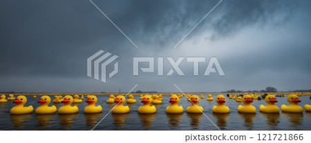 A pond with real ducks swimming alongside oversized rubber duckies, blending the playful charm of toys with the serenity of nature. 121721866