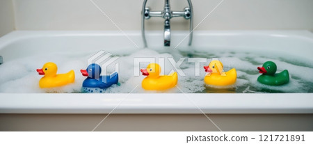 A bathtub filled with bubbles and a line of colorful rubber duckies floating on the water, evoking a sense of fun and playfulness. A bathtub filled with bubbles and a line of colorful rubber duckies floating on the water, evoking a sense of fun and playfulness. 121721891