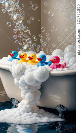 A bathtub filled with bubbles and a line of colorful rubber duckies floating on the water, evoking a sense of fun and playfulness. A bathtub filled with bubbles and a line of colorful rubber duckies floating on the water, evoking a sense of fun and playfulness. 121721899