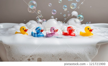 A bathtub filled with bubbles and a line of colorful rubber duckies floating on the water, evoking a sense of fun and playfulness. 121721900