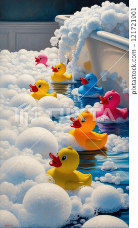A bathtub filled with bubbles and a line of colorful rubber duckies floating on the water, evoking a sense of fun and playfulness. A bathtub filled with bubbles and a line of colorful rubber duckies floating on the water, evoking a sense of fun and playfulness. 121721901