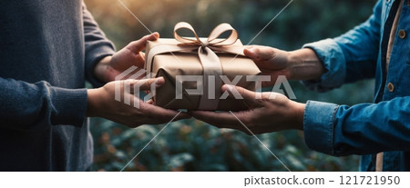 A close-up of hands giving a beautifully wrapped gift to another person. The scene conveys warmth, care, and symbolizes gratitude. A close-up of hands giving a beautifully wrapped gift to another person. The scene conveys warmth, care, and symbolizes gratitude. 121721950