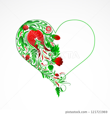 Abstract heart drawn in the Ukrainian style of Petrikovsky painting. Vector. Hand drawn. Abstract heart drawn in the Ukrainian style of Petrikovsky painting. Vector. Hand drawn. 121721969