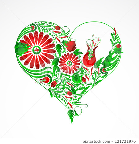 Abstract heart drawn in the Ukrainian style of Petrikovsky painting. Vector. Hand drawn. 121721970