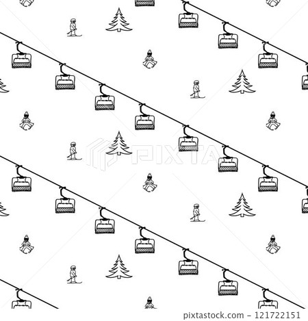 Ski Resort Seamless Pattern with Skiers and pine trees. Mountain lift skiing background winter resort with people. Vector graphic line illustration 121722151