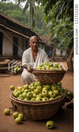 Man with Harvested Apples in a Tropical Village 121722280