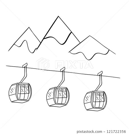 Gondola ski lift mountain forest black and white graphic line illustration. vector composition Riding elevator ski lift landscape with mountains isolated. Ski resort winter season monochrome scene Gondola ski lift mountain forest black and white graphic line illustration. vector composition Riding elevator ski lift landscape with mountains isolated. Ski resort winter season monochrome scene 121722356