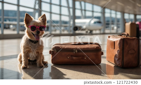 A fashionable dog, ready for adventure, poses on a suitcase with dark sunglasses. 121722430