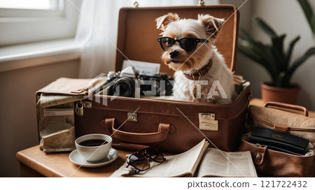 A fashionable dog, ready for adventure, poses on a suitcase with dark sunglasses. 121722432