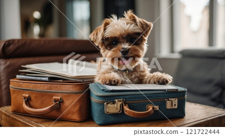 A fashionable dog, ready for adventure, poses on a suitcase with dark sunglasses. 121722444