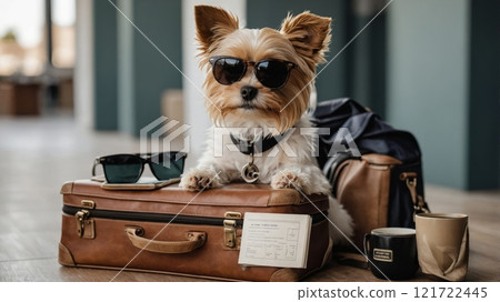 A fashionable dog, ready for adventure, poses on a suitcase with dark sunglasses. A fashionable dog, ready for adventure, poses on a suitcase with dark sunglasses. 121722445