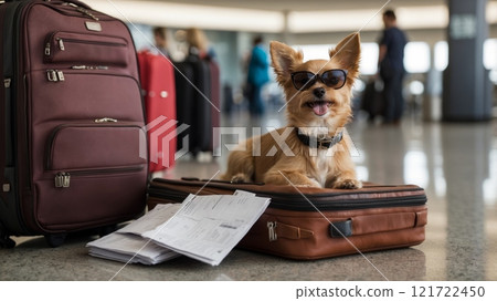A fashionable dog, ready for adventure, poses on a suitcase with dark sunglasses. 121722450
