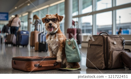 A fashionable dog, ready for adventure, poses on a suitcase with dark sunglasses. A fashionable dog, ready for adventure, poses on a suitcase with dark sunglasses. 121722451