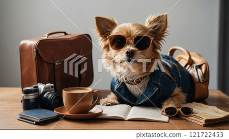 A fashionable dog, ready for adventure, poses on a suitcase with dark sunglasses. 121722453