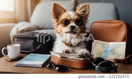 A fashionable dog, ready for adventure, poses on a suitcase with dark sunglasses. 121722473