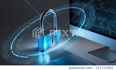 Cybersecurity Symbol: Padlock on Digital Background 121723002