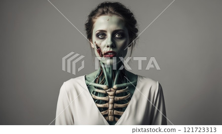 Zombie Girl Portrait on a Light Background: Makeup for a Themed Party or Halloween 121723313