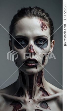 Zombie Girl Portrait on a Light Background: Makeup for a Themed Party or Halloween Zombie Girl Portrait on a Light Background: Makeup for a Themed Party or Halloween 121723320