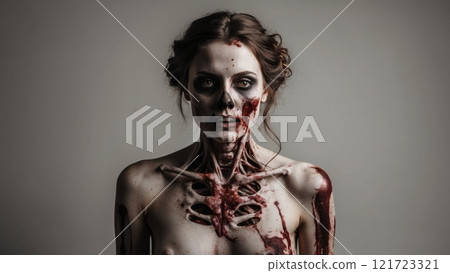 Zombie Girl Portrait on a Light Background: Makeup for a Themed Party or Halloween Zombie Girl Portrait on a Light Background: Makeup for a Themed Party or Halloween 121723321