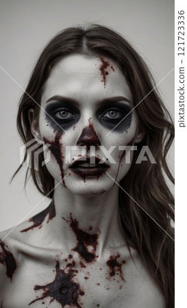 Zombie Girl Portrait on a Light Background: Makeup for a Themed Party or Halloween 121723336