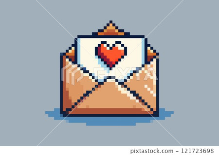 Pixel art of an open envelope with a white letter inside adorned with a red heart, on a light blue background, symbolizing Valentine's Day. 121723698
