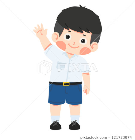 Boy waving hands and saying hi or bye to school 121723974