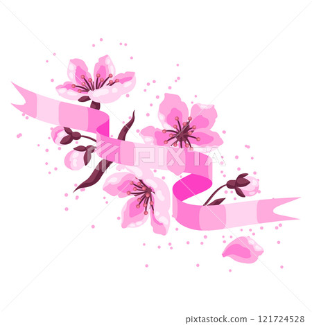 Ribbon with spring flowers. Apple, sakura or cherry blossom. Beautiful decorative blooming plants. 121724528