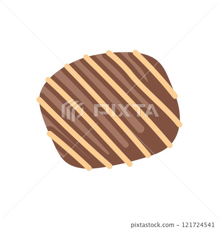Chocolate candy in mocha mousse with striped decoration in flat style. Perfect for dessert theme, confectionery advertising and gourmet food presentation. 121724541
