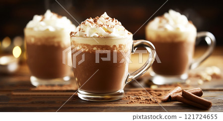 Hot chocolate or coffee latte in coffee mugs with brown background. 121724655