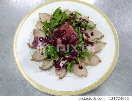 duck breast fillet with pear and cranberry sauce on a white plate 121724693