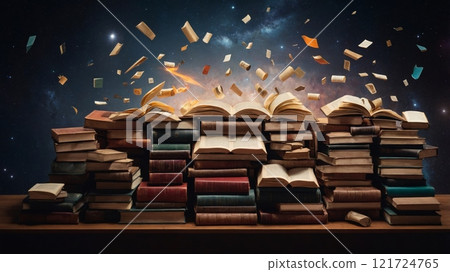 Open Book with Glowing Pages and Symbols of Knowledge for Literacy Day 121724765