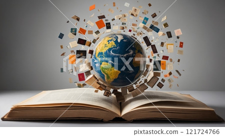Open Book with Glowing Pages and Symbols of Knowledge for Literacy Day 121724766