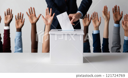 Ballot Box with Voting Slip Surrounded by Democracy Icons on International Democracy Day 121724769