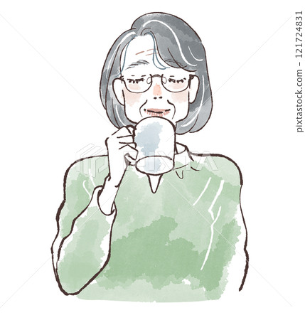 Senior woman with bob hair drinking coffee Senior woman with bob hair drinking coffee 121724831