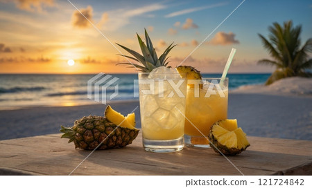 Glass of Puerto Rican Rum with Pina Colada at a Lively Beach Bar 121724842