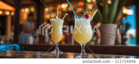 Glass of Puerto Rican Rum with Pina Colada at a Lively Beach Bar Glass of Puerto Rican Rum with Pina Colada at a Lively Beach Bar 121724846