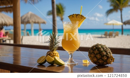 Glass of Puerto Rican Rum with Pina Colada at a Lively Beach Bar 121724850