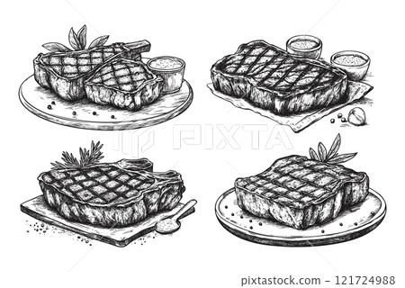 Roast meat engraving vector set. Plate paper wooden desk salt spices steak fried bbq food, monochrome retro ink sketch hand drawn grayscale isolated vectors on white background 121724988