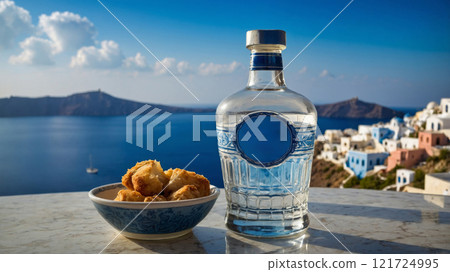 A shot of Greek ouzo in a small glass with ice cubes, surrounded by Greek meze on a beach with a sea view. 121724995