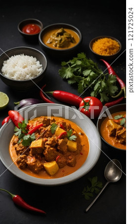 Elegant Curry Meat with Rice and Vegetables on a Dark Background 121725024
