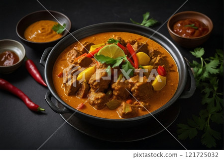 Elegant Curry Meat with Rice and Vegetables on a Dark Background 121725032